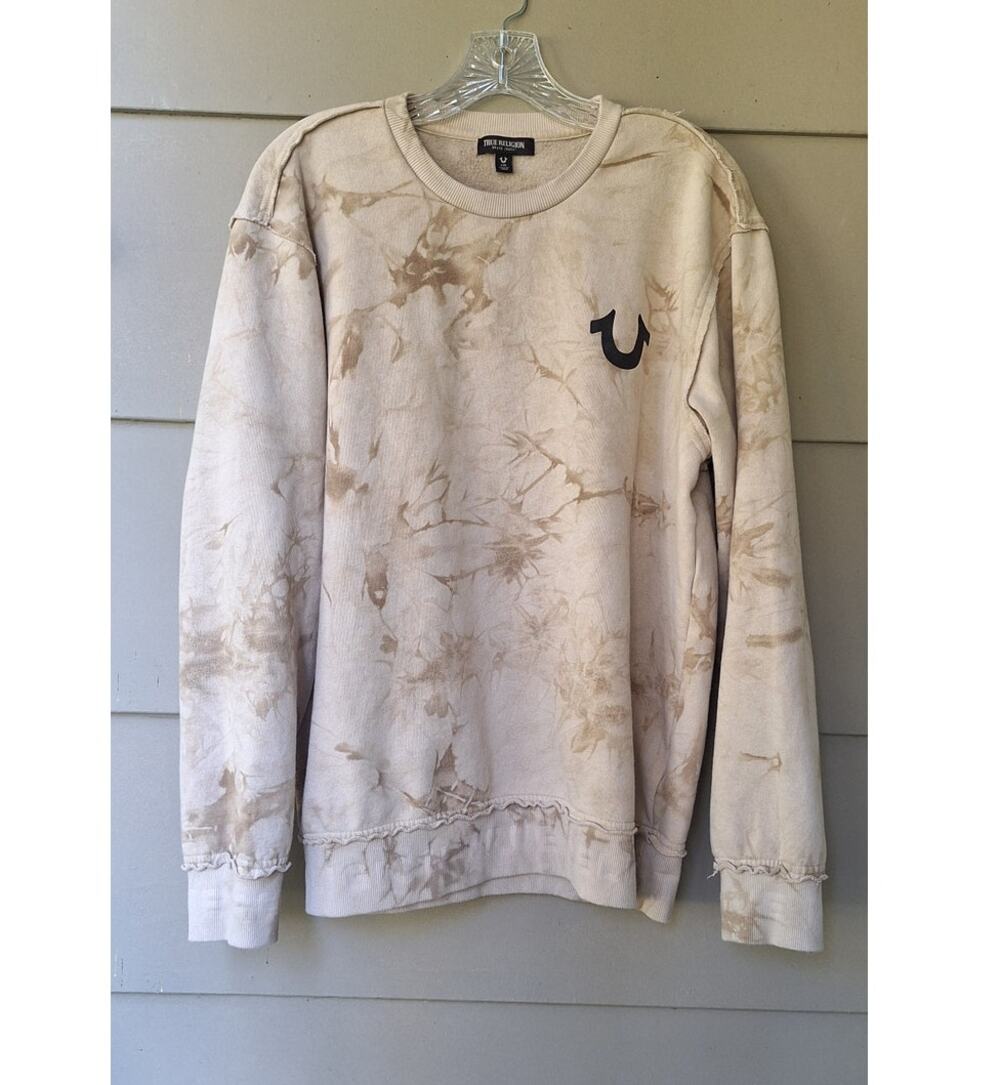 True Religion Men's Cotton Fleece Sweatshirt Beige Camo Streetwear Logo Size L